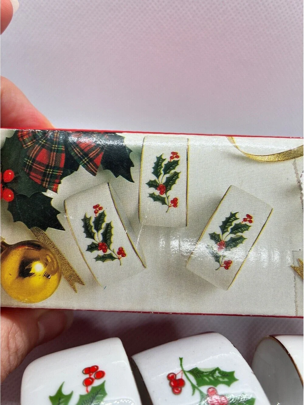 Vintage Porcelain Holly Berry Napkin Rings Set of 4 Christmas Holiday Dining